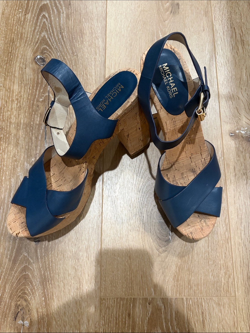 Michael Kors Women’s blue leather platform cork High Heel sandals, size 11M